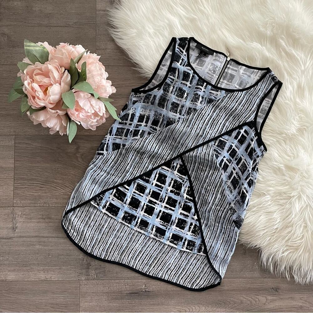 Alfani Light Blue Grid Splice High Low Blouse 2 Petite